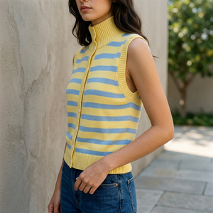 Maglioni Estetici Personalizzati da Donna, <span class=keywords><strong>Maglia</strong></span> <span class=keywords><strong>Senza</strong></span> <span class=keywords><strong>Maniche</strong></span> a Collo Alto con Righe Vintage - Product Image 2