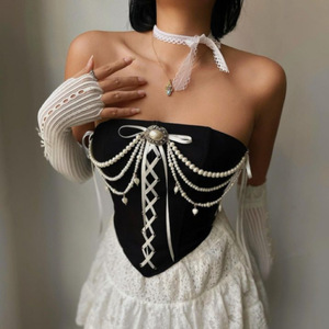 Yicheng <span class=keywords><strong>Top</strong></span> Bustier Senza Spalline da Donna, Sexy con Catena di Perle e Lacci, in Velluto, <span class=keywords><strong>Intimo</strong></span> Femminile per Uscite e Club Notturni - Product Image 4