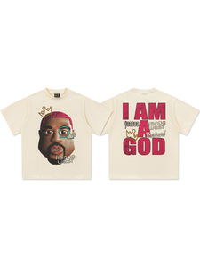 T-shirt graphique double face pour homme Kanye West I Am God, portrait de personnage de dessin animé, en soie/coton 300 GSM, col étroit, coupe oversize, style Hip Hop - Product Image 4