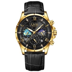 <strong>LIGE</strong> LG89107 Men's Luxury Leather Gold Watch Starry Sky Dial Sample Cartoon Quartz Waterproof Luminous Wrist Watch Fashion - Product Image 4