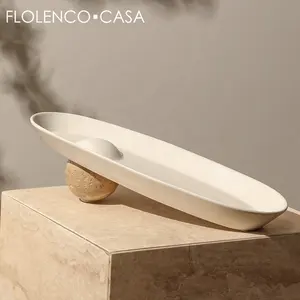 Tigela de cerâmica para decoração de mesa, utensílios domésticos, tigela longa de cerâmica branca nórdica para decoração de mesa, prato de frutas