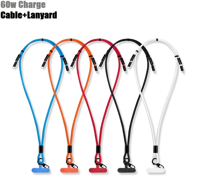 Customized OEM 60W Multi Charge Cable 2 in 1 USB C to Type C Fast Charging Cable Wrist Strap Phone Lanyard USB Cable for Gift