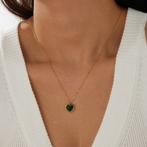 Green Resin Heart Pendant Necklace Gold Plated Stainless Steel Clavicle Chain Daily Wear Gift Jewelry N4252 - Product Image 2