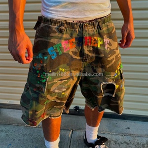 Manufacturer Custom Utility Pocket Camo Distressed Cargo <b>Jeans</b> Raw Edge Camo <b>Men</b> Cargo Pants Shorts Denim - Product Image 1