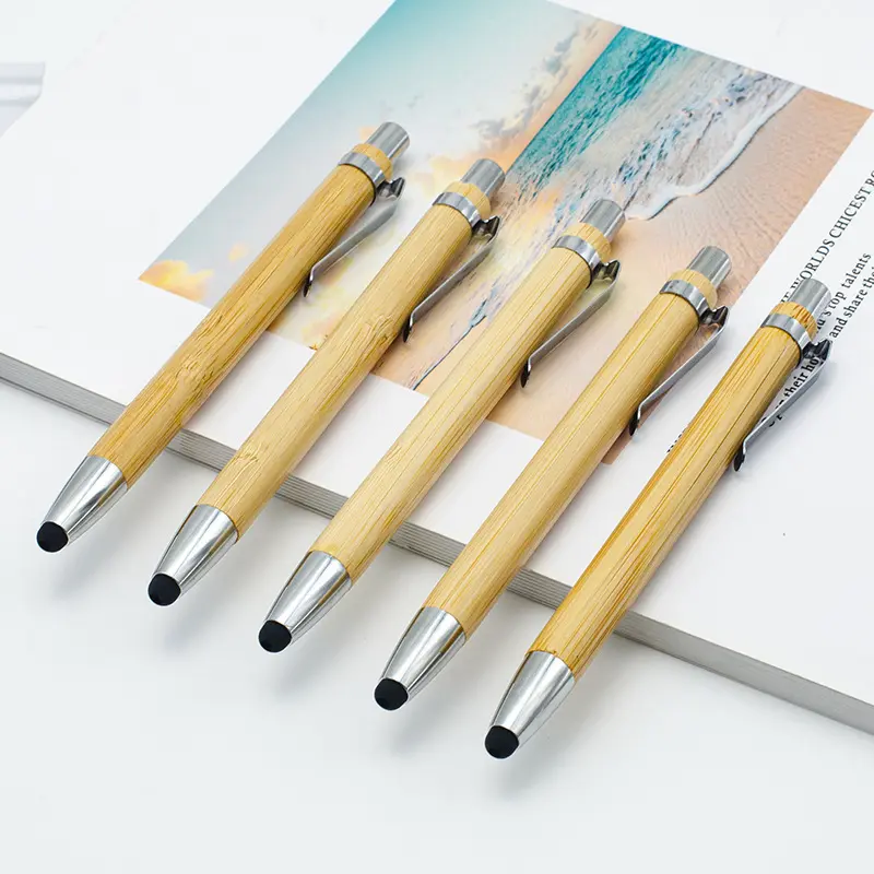 Pena bambu logo kustom dengan stylus sentuh 2in1 pulpen bambu pena stylus
