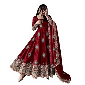 Traje Anarkali Rojo Bordado para Mujer, Vestido de Boda Tradicional Indio Pakistaní, Largo hasta el Suelo, Corte Holgado, Seda Elástica - Product Image 1