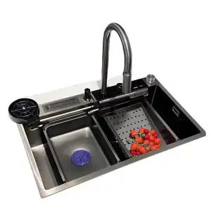 Nano artesanal única tigela levou display digital multi-funcional cachoeira blíote pia de cozinha com lavadora automática copo
