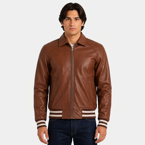 Custom <b>Mens</b> <b>Brown</b> <b>Leather</b> Breathable Winter Varsity <b>Jacket</b> Premium Zip Baseball Bomber Vintage Streetwear Fashion Wholesale OEM - Product Image 1