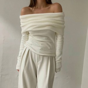 สินค้ามาใหม่เสื้อสเวตเตอร์ถักเปิดไหล่ทรงสลิมฟิตดีไซน์หรูหรา - Product Image 1