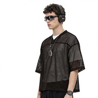T-shirt décontracté pour homme, coupe ample, style streetwear américain, en jersey mesh respirant, col en V, manches courtes, couleur unie, idéal pour l'été