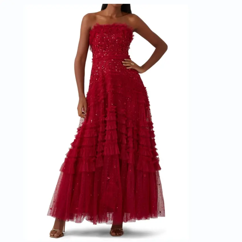 2024 Red Luxury Bridal Glitter Beaded Long Wedding Prom Dresses African Women Tulle Strapless Sequin Evening with CapeGown Dress