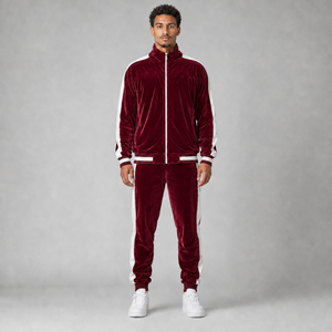 Custom OEM High Quality Burgundy <b>Velour</b> Piping Stand Collar Track Jacket And Wide Leg Pants Set <b>Mens</b> <b>Tracksuits</b> - Product Image 3