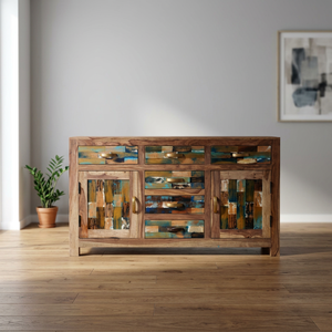 Modern Industrial Vintage Indian Solid Mango Wood Storage Cabinet 2 Doors 3 Drawers Apartment Farmhouse Living Room Eco-Friendly - Product Image 3