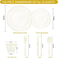 Ensemble de vaisselle jetable en plastique avec paillettes dorées, 150 pièces, comprenant 50 assiettes à dîner/dessert, 75 couverts et 25 gobelets pour fête