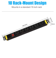 Bloc d'alimentation universel 6 voies 19 pouces 1U pour montage en rack avec protection contre les surtensions pour armoire réseau et utilisation informatique