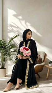 1893# Modest Nida 100% Polyester Luxury Gold Lace Border <b>Long</b> Sleeve Ankle-Length Elegant Noble Cardigan <b>Eid</b> Women Abaya - Product Image 3