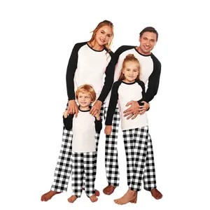 DIY Customized Logo Black Buffalo Plaid Pajamas Pant Black Raglan Long Sleeves T-shirt Heat Transfer Blank Christmas Pajamas