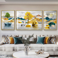 Décoration de salon nordique, peinture murale moderne pour fond de canapé, peinture murale suspendue, triptyque de cerfs orange, art mural
