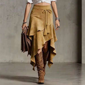 Jupe asymétrique mi-longue en daim souple style western vintage OEM Hong Kong avec franges, idéale pour le quotidien et le style bohème - Product Image 2