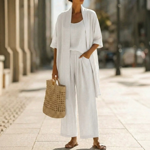 Conjunto de 3 Piezas de Lino y Algodón para Mujer, Verano 2026, Estilo <span class=keywords><strong>Casual</strong></span>, Color Liso, Cárdigan de Manga Corta, Chaleco Holgado, Pantalones Anchos, Atuendo Moderno - Product Image 3