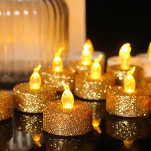 Candelabro com glitter dourado, vela luz de chá sem chamas decoração dia dos namorados com 12 peças/caixa