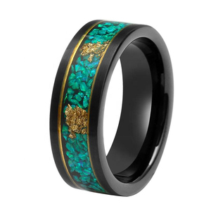 Bague en tungstène plaqué noir sur mesure 8 mm avec incrustation d'<span class=keywords><strong>opale</strong></span> verte et feuilles d'or, en carbure de tungstène, pour homme et femme, idéale pour fiançailles, mariage, cadeau - Product Image 1