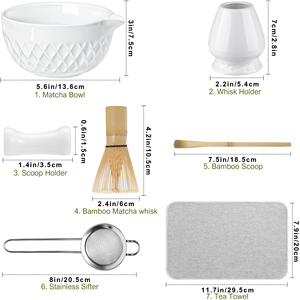 Ensemble Matcha Traditionnel Japonais 7 Pièces, Bol en Céramique Blanc Classique, Fouet en Bambou, Poterie en Porcelaine avec Motif en Rhombus pour Ensemble Matcha - Product Image 2