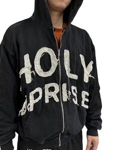 Sweat à capuche zippé en molleton 100% coton, style streetwear, lavage, coupe et couture, appliqué, broderie usée, patch, sweat à capuche pour hommes, sweat à capuche personnalisé - Product Image 2