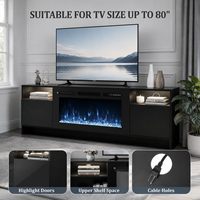 Meuble TV tout noir de 70 pouces, centre de divertissement Kalsubo avec foyer électrique de 36 pouces, armoire de rangement LED 12 couleurs