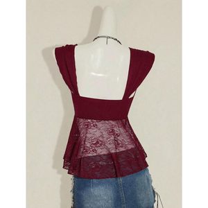 FOXA Débardeur en dentelle pour femme, en maille transparente, col asymétrique en cœur, sans manches, pour soirée, club, rave - Product Image 3