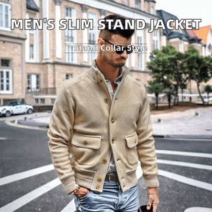 แจ็คเก็ตบอมเบอร์ทรงสลิมสำหรับผู้ชายคุณภาพสูงแบบขายส่งปี 2023 สไตล์วินเทจ กระดุมแถวเดียว คอตั้ง สีพื้น เหมาะสำหรับใส่ลำลองกลางแจ้งในฤดูใบไม้ร่วง - Product Image 2