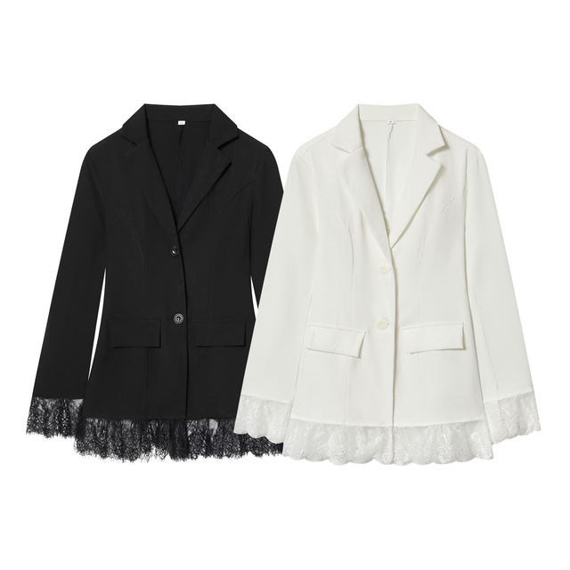 Blazers Women's 2026 new casual fashion Joker lace stitching suit jacket retro women's chic long sleeve waist suit.