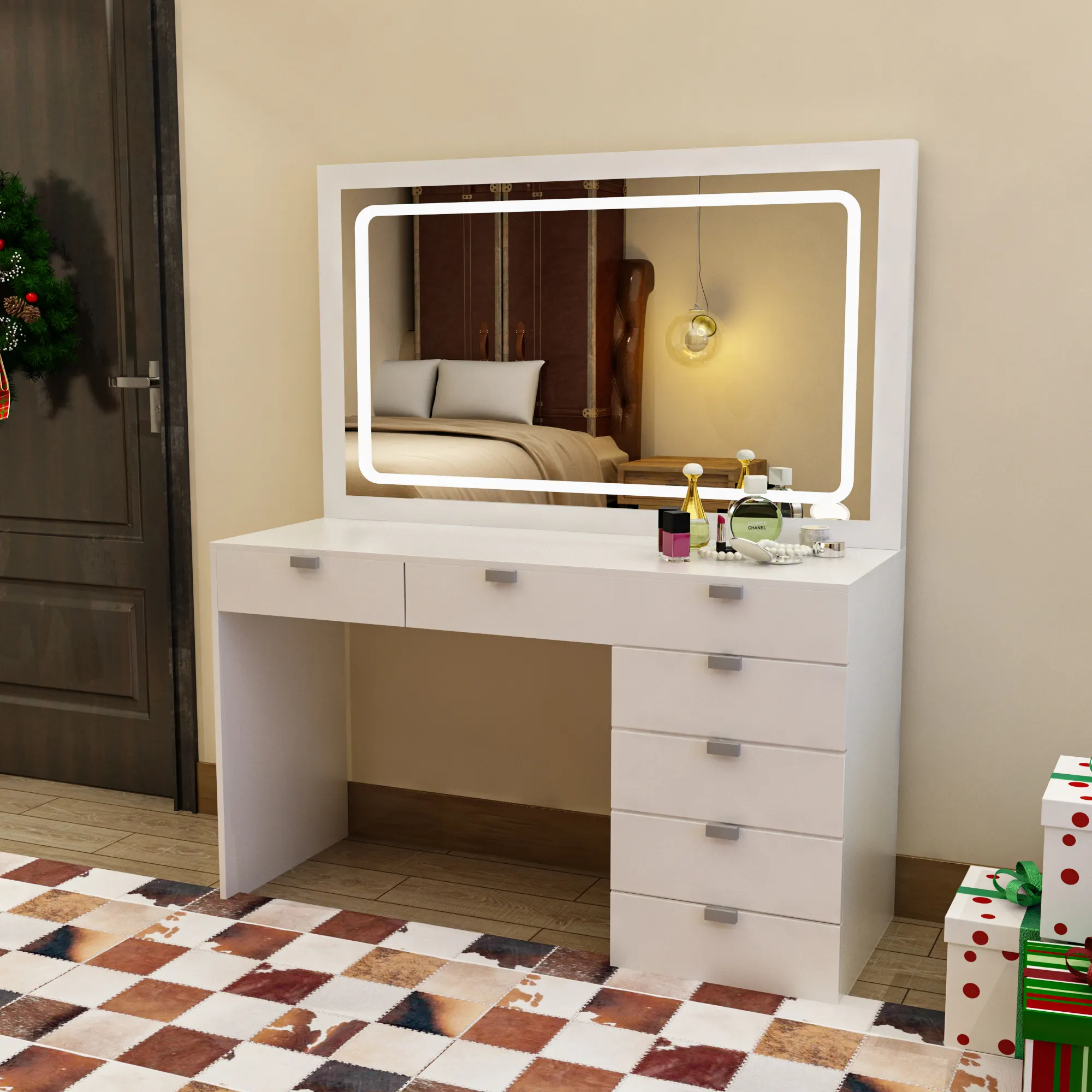 Simple Light Luxury Bedroom Dresser Storage Cabinet Dressing Table Girl Makeup Table With Led Light Mirror
