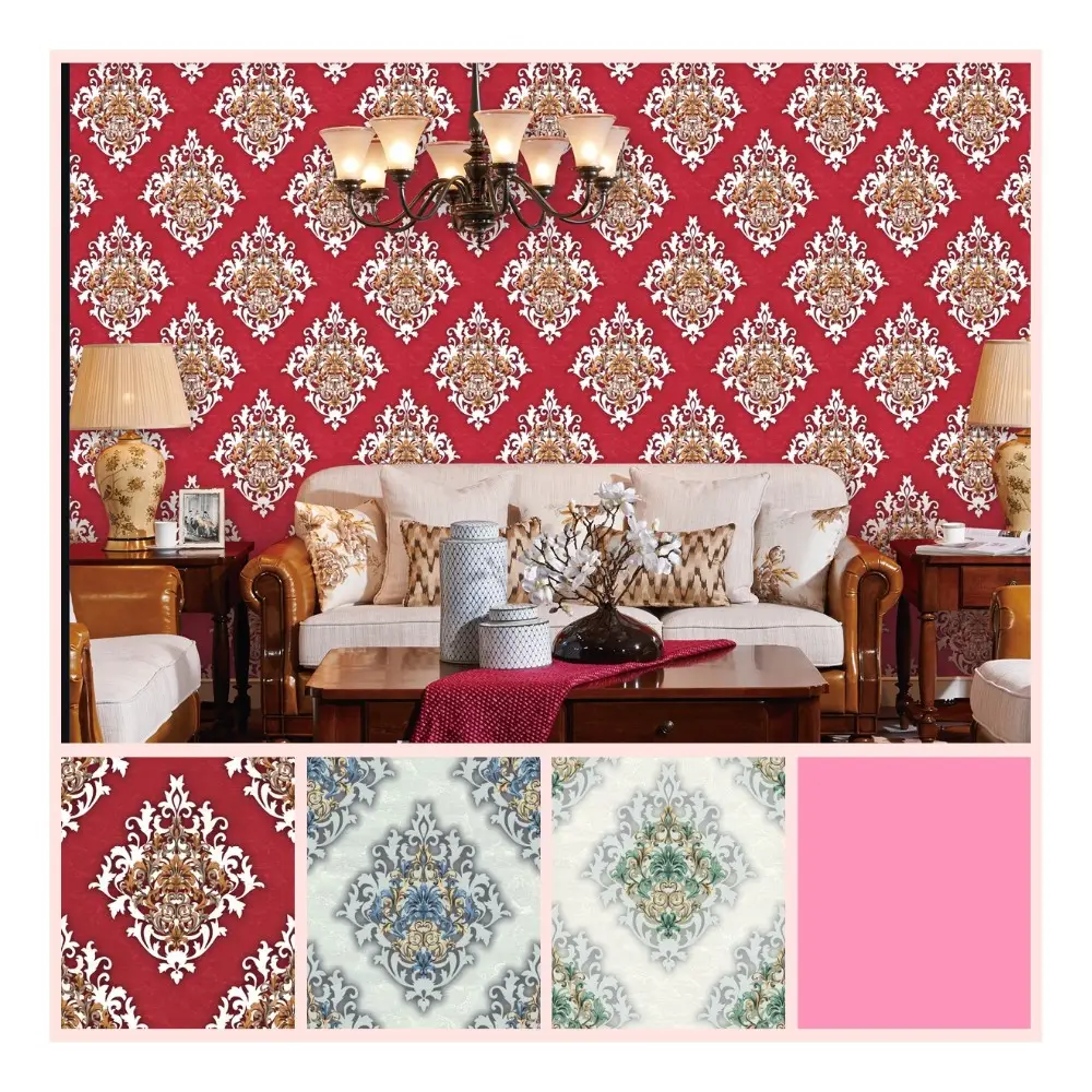Diseños de damasco de flores papel de pared de tela de lujo decoración del hogar rollos de papel tapiz 3D verde