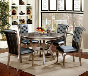Set da Pranzo Rotondo in Stile Francese Vintage, Struttura in Legno Massello, Tavolo con Piano in Legno e 4 Sedie, Elegante Arredamento per Sala da Pranzo - Product Image 1