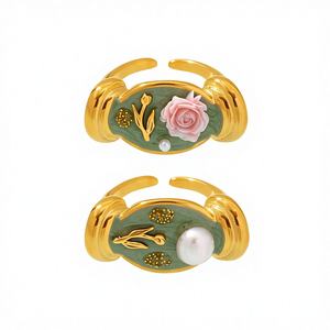 Anillo de Acero Inoxidable para Mujer con Perla Barroca y Diseño de Rueda de la Fortuna, Serie de Joyería con Galvanoplastia y Pintura al Óleo Floral, Diseño de Nicho, Venta al por Mayor - Product Image 5