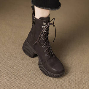 Botines de Piel Auténtica con Cordones Hechos a Mano, Estilo Clásico Retro, Tacón Grueso, Suela de Goma Suave, a la Moda - Product Image 5