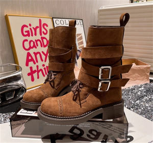 Botas de montar occidentales de talla grande 35-43 para mujer 2025 Vintage media pantorrilla tacón grueso con cordones <span class=keywords><strong>botines</strong></span> bohemios - Product Image 5