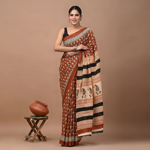 Sari Mulmul 100% Algodón Puro, Estampado a Mano, Sari Indio Jaipuri, Ligero, Suave y Transpirable, Sari para Usar en Verano, Venta al por Mayor - Product Image 1