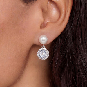S925 <b>Silver</b> Freshwater Pearl Round CZ Halo <b>Dangle</b> <b>Earrings</b> Elegant Bridal Jewelry Gift for Women - Product Image 5