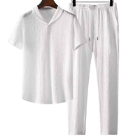 Ensemble Sportif d'Été Homme 2 Pièces : Haut à Manches Courtes Style Polo à Col Rabat et Boutons + Pantalon Long Couleur Unie à Taille Élastique