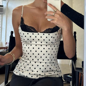 Top Corto Tipo Camiseta para Mujer con Encaje y Estampado de Lunares, Estilo Dulce y Sexy, Blusa para Combinar - Product Image 3