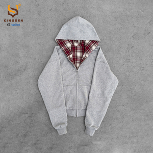 Sweat-shirt à capuche pour homme en flanelle personnalisée, confortable, à carreaux, rétro, délavé, double couche, double fermeture éclair - Product Image 1