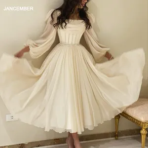 Dubai Beige Korte Midi Arabische Avondjurk Met Riem Lange Mouwen Thee Lengte Vrouwen Formele Bruiloftsfeest Jurken Scz136-2