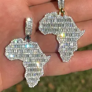 New Hip Hop Micro Pave Rectangle Cubic Zirconia CZ Africa Map Shaped Pendant Necklace Men Boy Jewelry