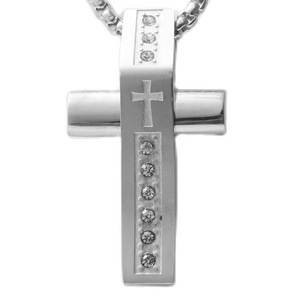 Stainless Steel <b>Cross</b> Pendant Necklace For Men Geometric Design Pave Setting 12077 - Product Image 5