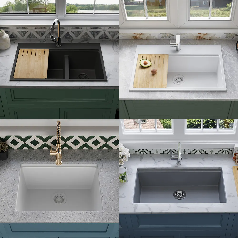Desain baru putih hitam granit komposit mangkuk tunggal Topmount bak cuci piring dapur Undermount mangkuk ganda batu kuarsa wastafel dapur
