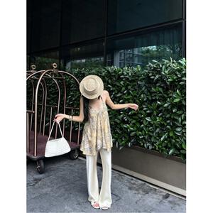 Conjunto de Dos Piezas Estilo Coreano Vintage con Estampado de Leopardo, Camisola Halter y Pantalones Rectos Color Champán, para Mujer, Verano, Casual, Nailon/Algodón - Product Image 3