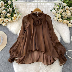 Damen Schimmernde Transparente Bluse mit 3D-Blumen, Rüschenkragen, Langen Ärmeln, High-Low-Tunikatop, Elegantes Fairycore Herbsthemd 2026 - Product Image 1