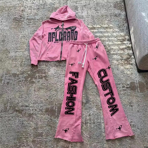 Vestuário Fabricante Logotipo Personalizado Puff Print Cotton Cuff Cut Edge Vintage Casual Homens Zip up Hoodie e Calças Quebra-Cabeçalho Conjunto - Product Image 2